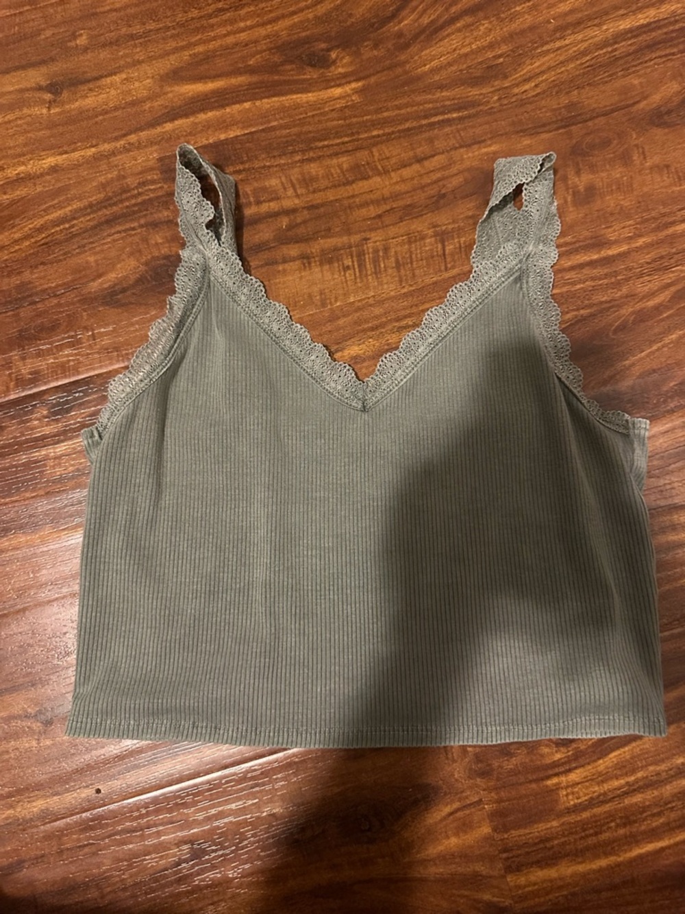 American Eagle Outfitters Olive Green Ribbed Lace-Trim Crop Top